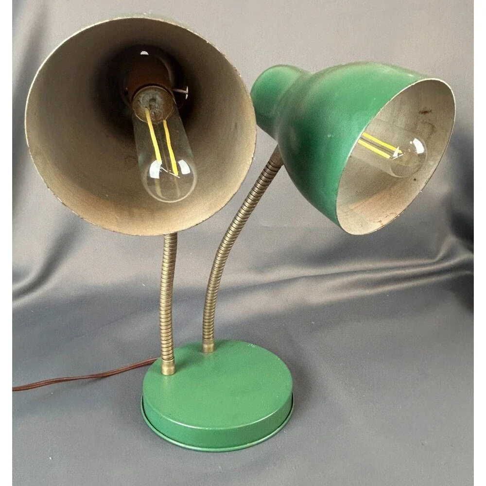 MCM Double Gooseneck Leviton Green Metal Desk Working Table Light Lamp